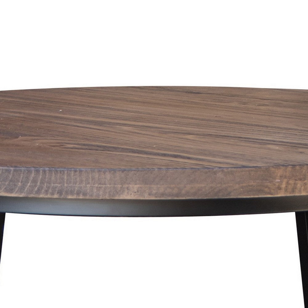 Rome 30 Inch Cocktail Coffee Table Round Black Iron Base Brown Pine Wood By Casagear Home BM307415