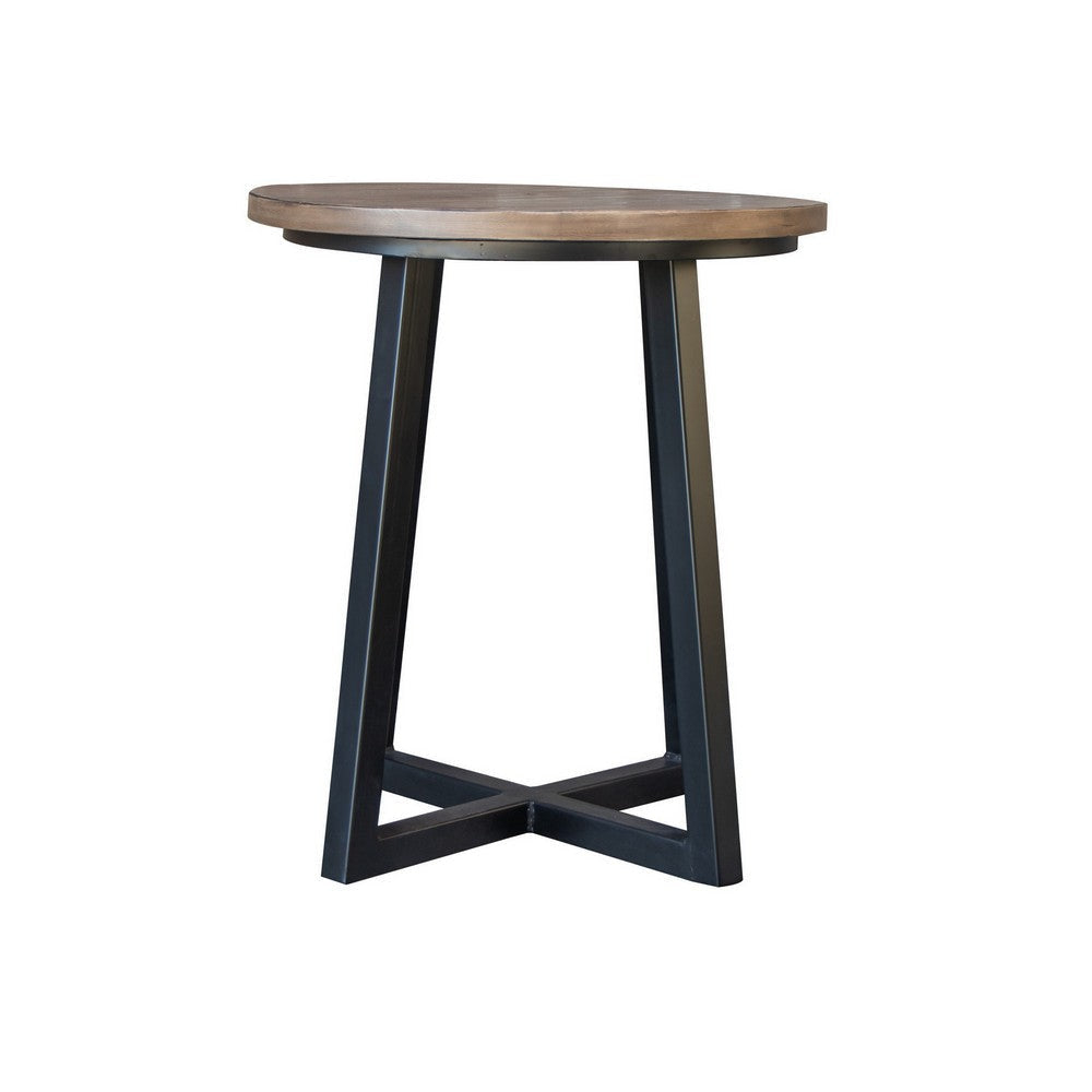 Rome 25 Inch End Table, Black Wrought Iron Base, Brown Solid Pine Wood By Casagear Home