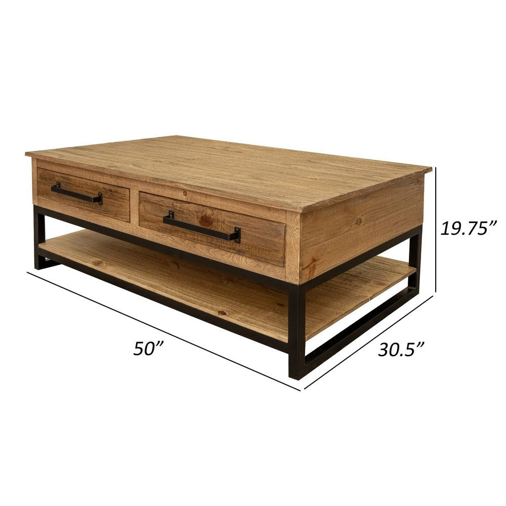 Tuba 50 Inch Cocktail Coffee Table 4 Drawers Iron Legs Brown Pine Wood By Casagear Home BM307418