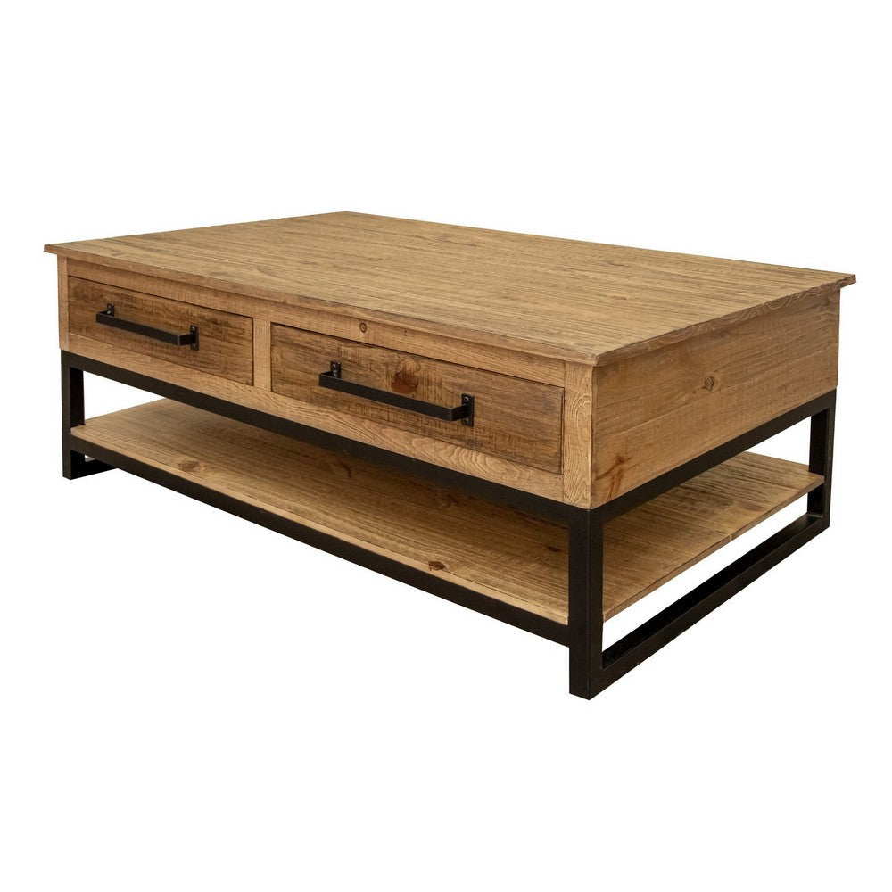 Tuba 50 Inch Cocktail Coffee Table 4 Drawers Iron Legs Brown Pine Wood By Casagear Home BM307418