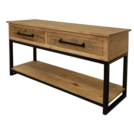 Tuba 55 Inch Sofa Table Console, Drawers, Open Shelf, Iron, Brown Pine Wood By Casagear Home