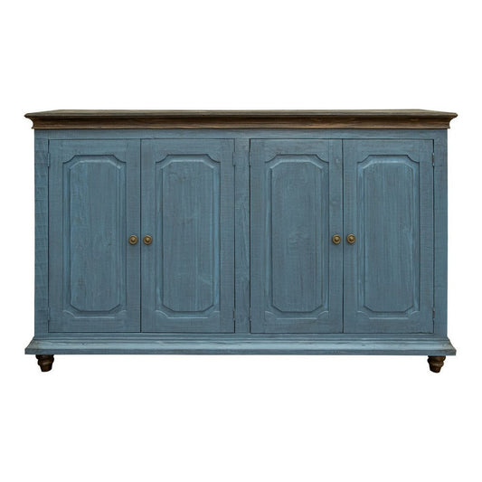 Son 71 Inch Sideboard Console Cabinet, 4 Door, Gold Handles, Blue Pine Wood By Casagear Home