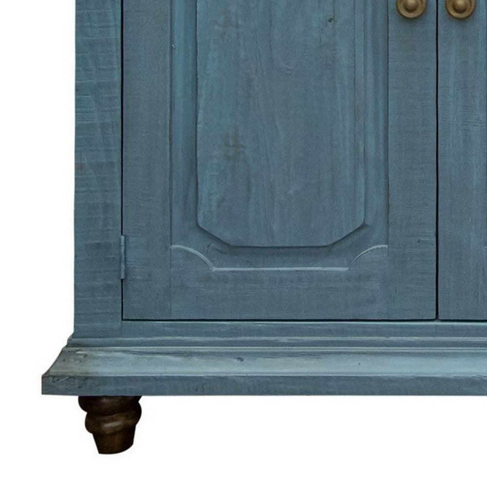 Son 71 Inch Sideboard Console Cabinet 4 Door Gold Handles Blue Pine Wood By Casagear Home BM307430