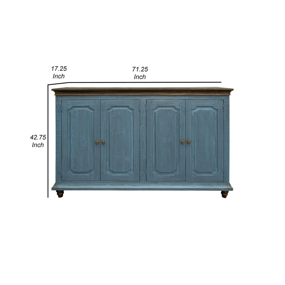 Son 71 Inch Sideboard Console Cabinet 4 Door Gold Handles Blue Pine Wood By Casagear Home BM307430