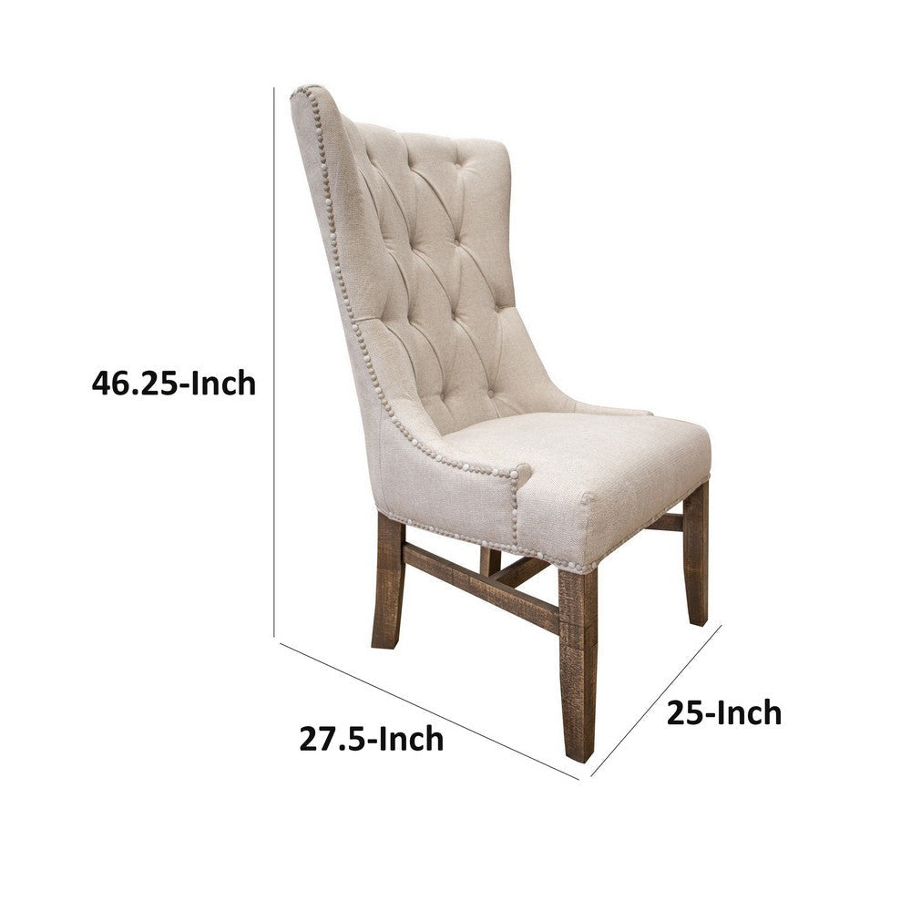 Genie 25 Inch Dining Chair Set of 2 Ivory Polyester Solid Brown Wood By Casagear Home BM307435