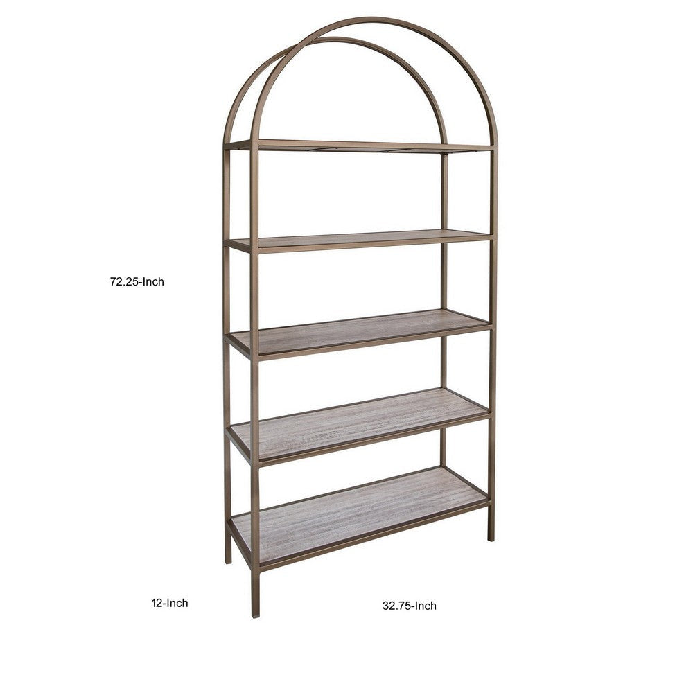 Kohl 72 Inch Standing Bookcase Arch Metal Frame 5 Shelves Mango Wood By Casagear Home BM307443