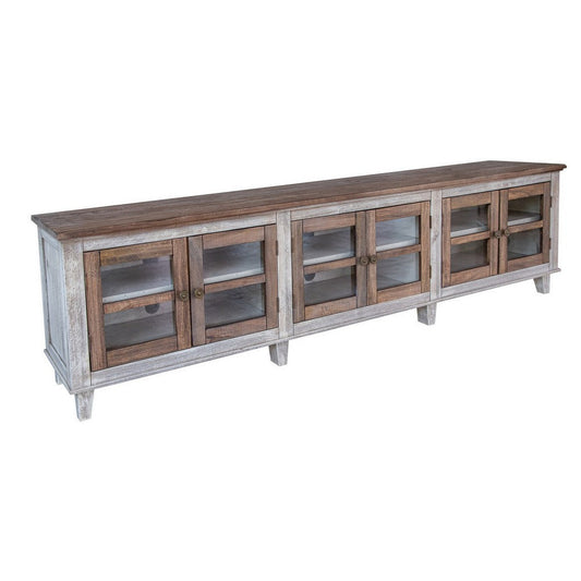 Kohl 93 Inch TV Media Entertainment Console, Glass Doors, Mango Wood, Gray By Casagear Home