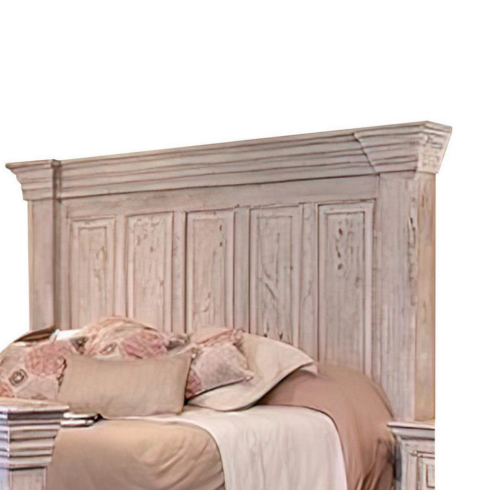 Abi King Size Bed Pine Wood Classic Molded Frame Design Antique White By Casagear Home BM307457