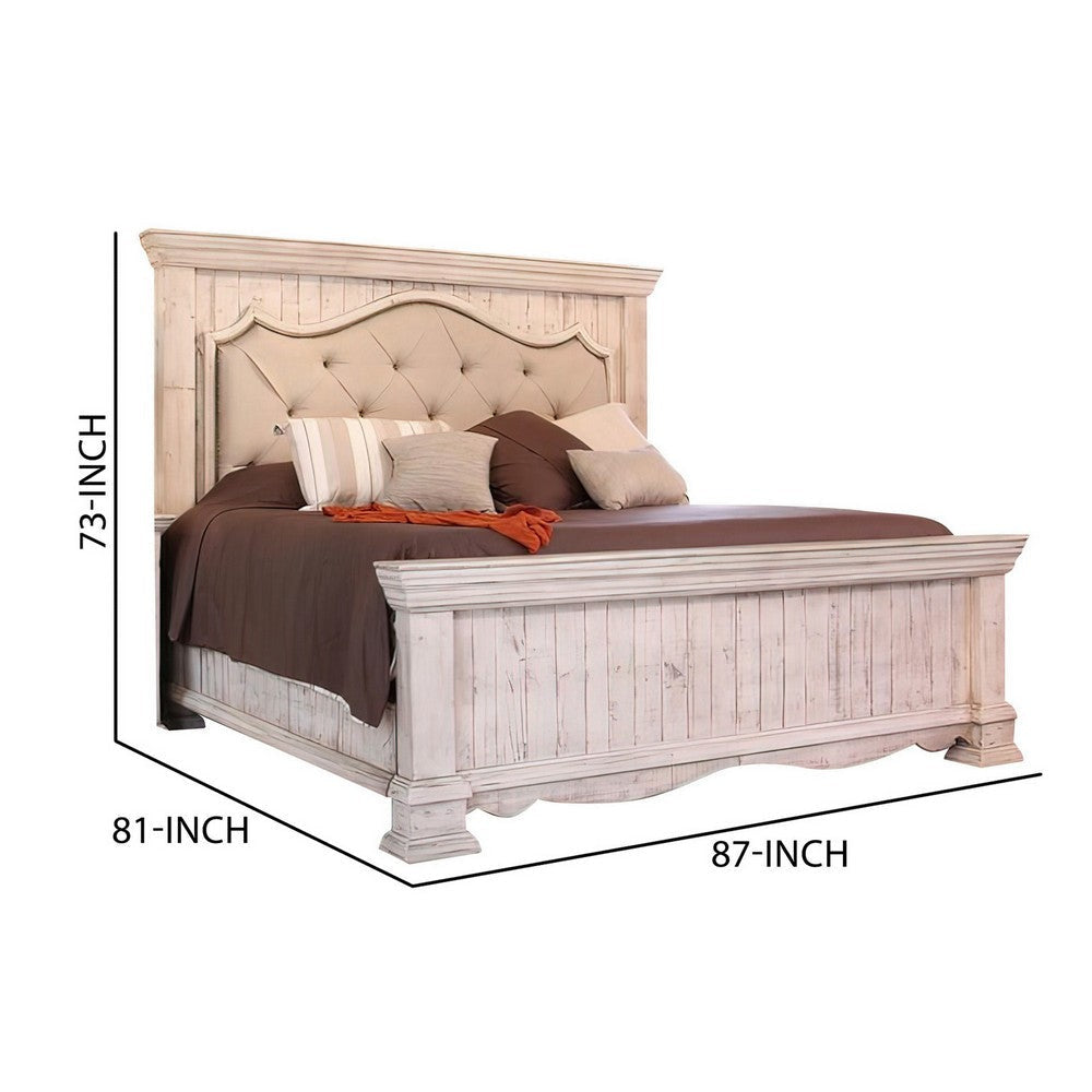 Belo King Bed Pine Wood Beige Upholstered Headboard Distressed White By Casagear Home BM307459