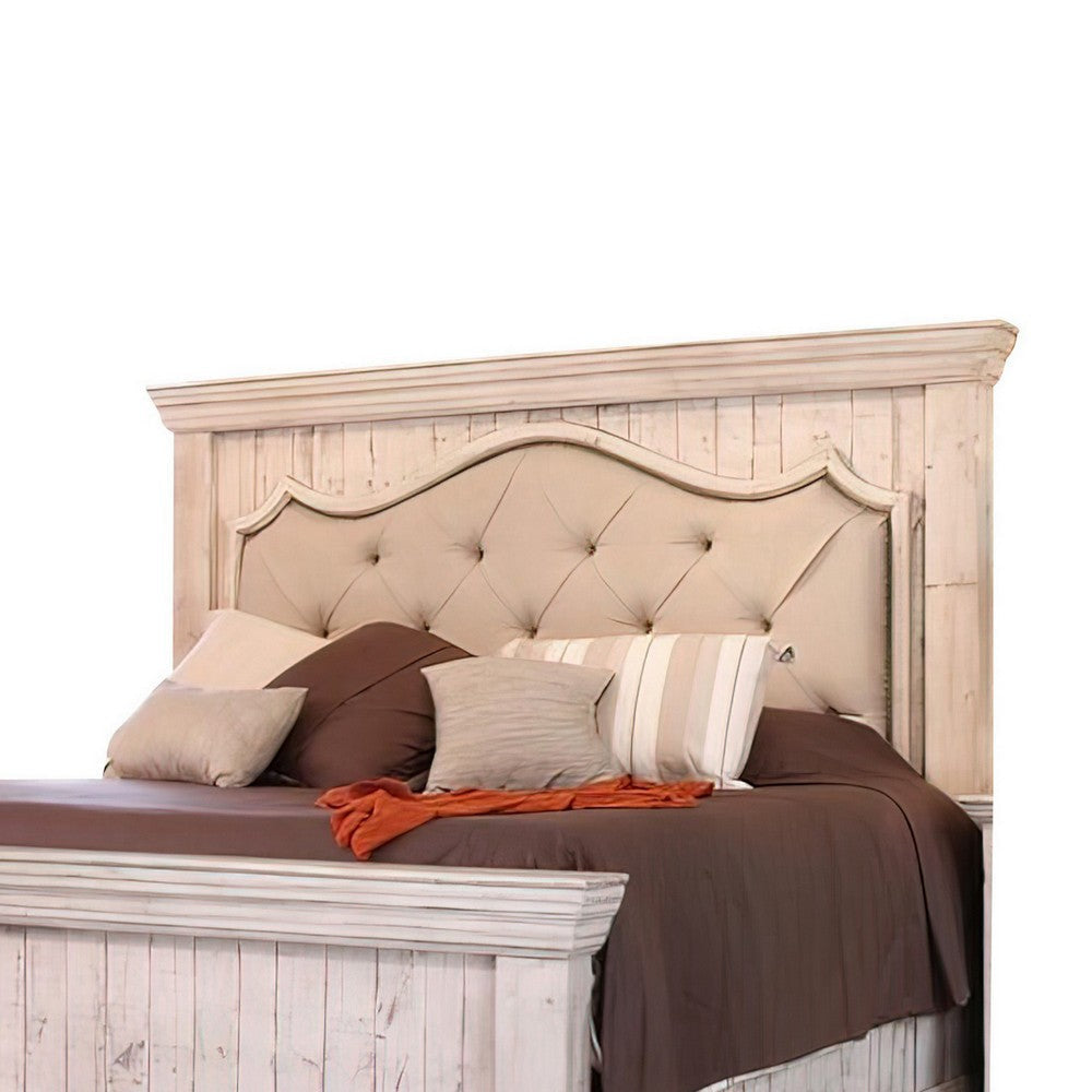 Belo Queen Bed Pine Wood Beige Upholstered Headboard Distressed White By Casagear Home BM307460