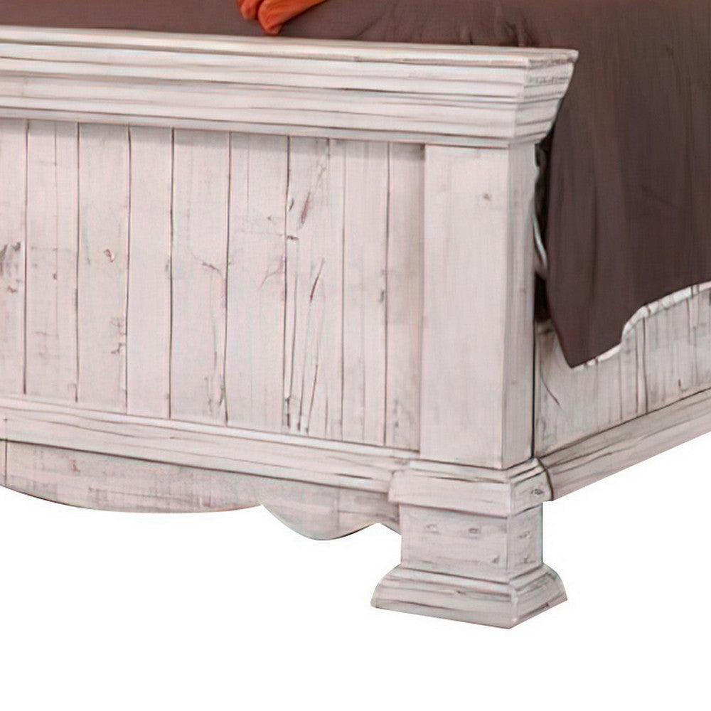 Belo Queen Bed Pine Wood Beige Upholstered Headboard Distressed White By Casagear Home BM307460