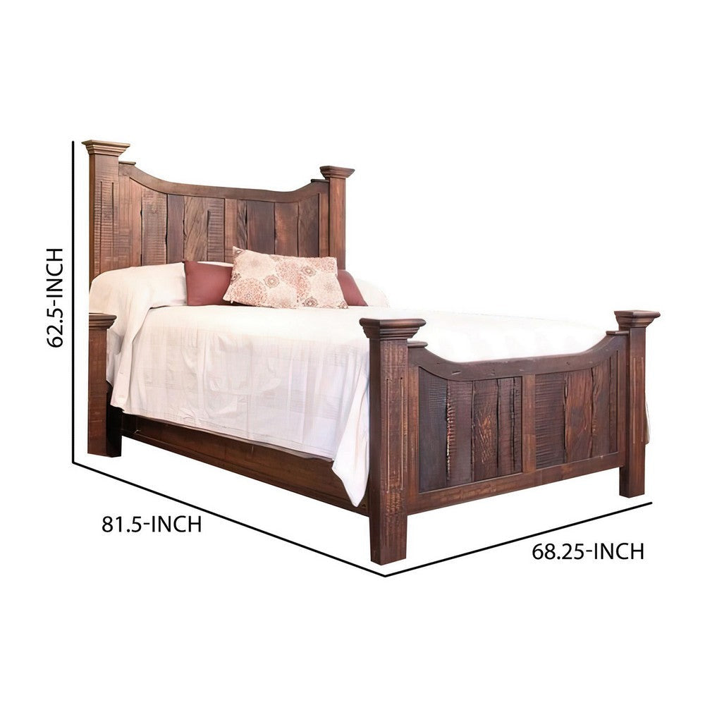 Bry Queen Size Bed Pine and Mango Wood Panel Headboard Rustic Brown By Casagear Home BM307462