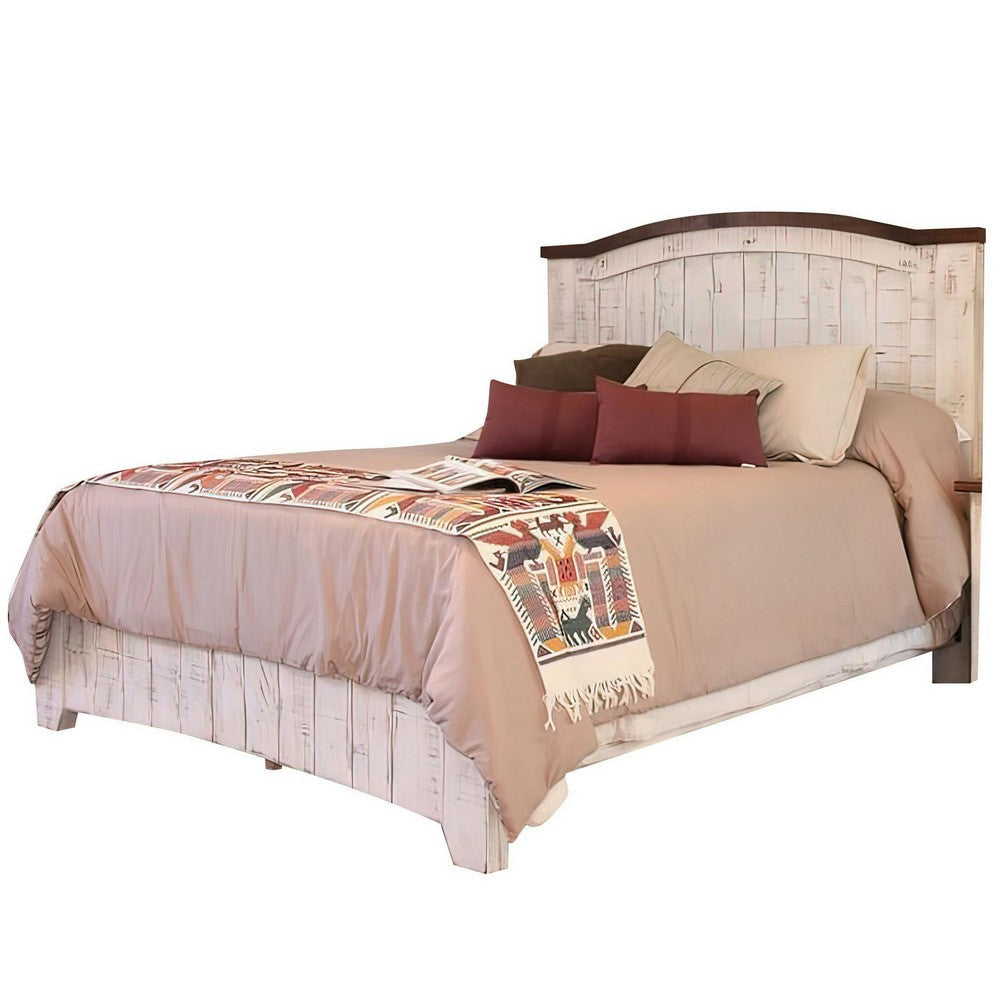 Ata Queen Size Bed Pine Wood Panel Design Distressed White Brown By Casagear Home BM307465