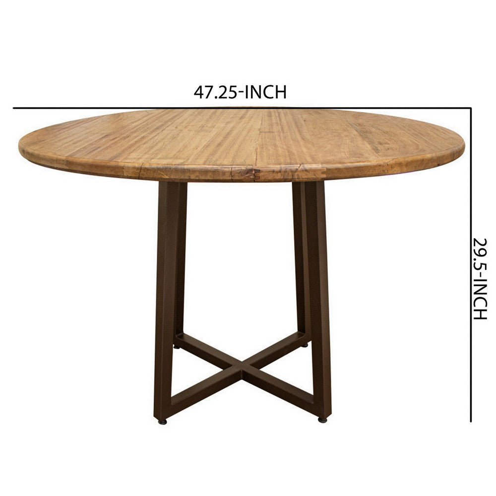 Asic 47 Inch Dining Table Round Hollow Black Metal Frame Brown Wood Top By Casagear Home BM307477