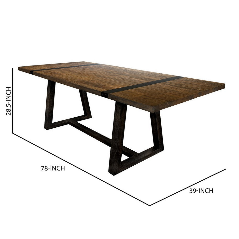 Ross 78 Inch Dining Table Triangular Trestle Legs Brown Mango Wood Top By Casagear Home BM307481