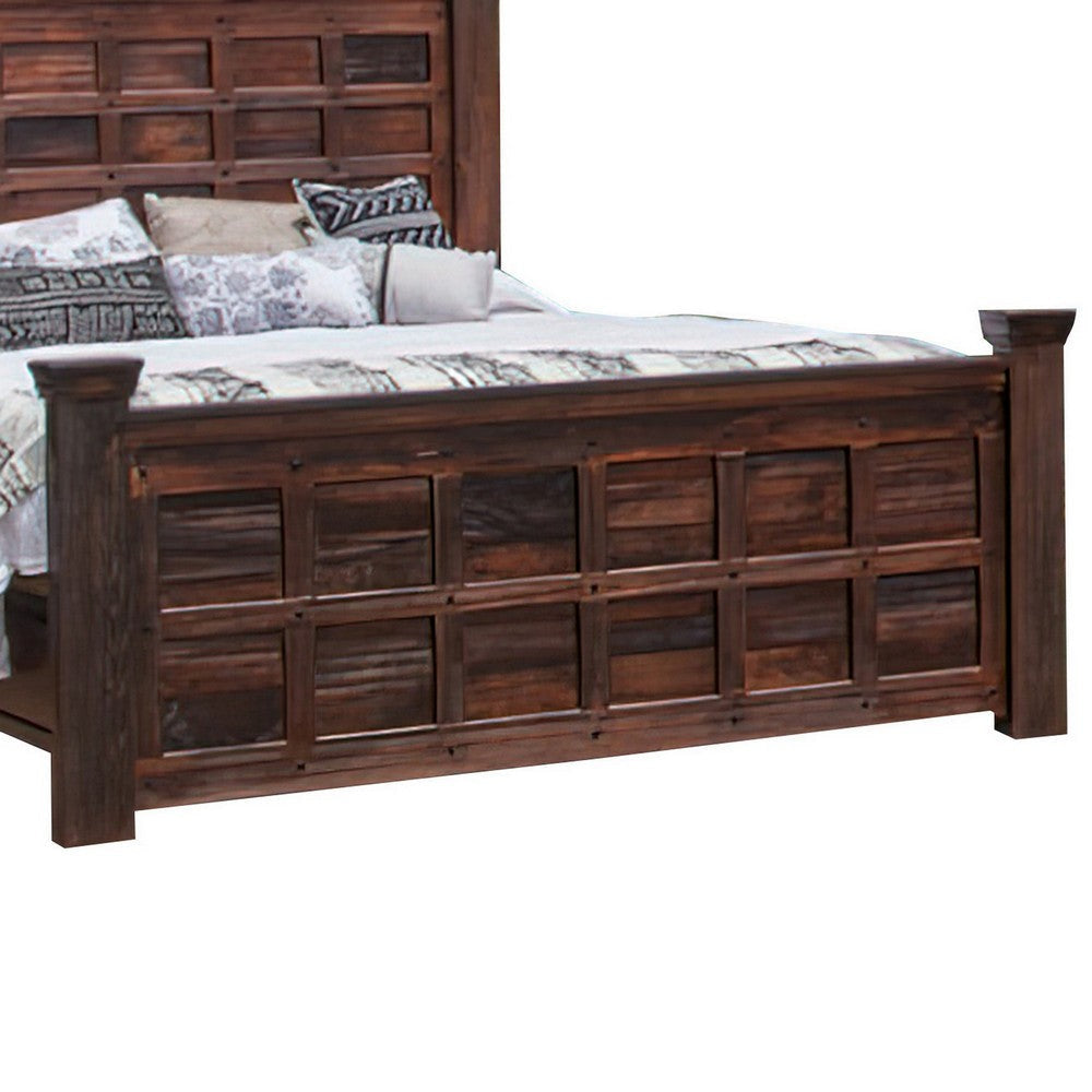 Exo King Size Bed Square Block Style Headboard and Footboard Brown Wood By Casagear Home BM307482