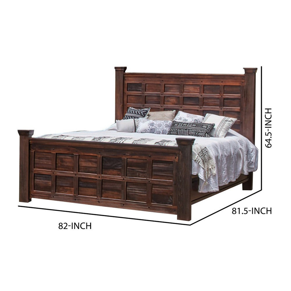 Exo King Size Bed Square Block Style Headboard and Footboard Brown Wood By Casagear Home BM307482