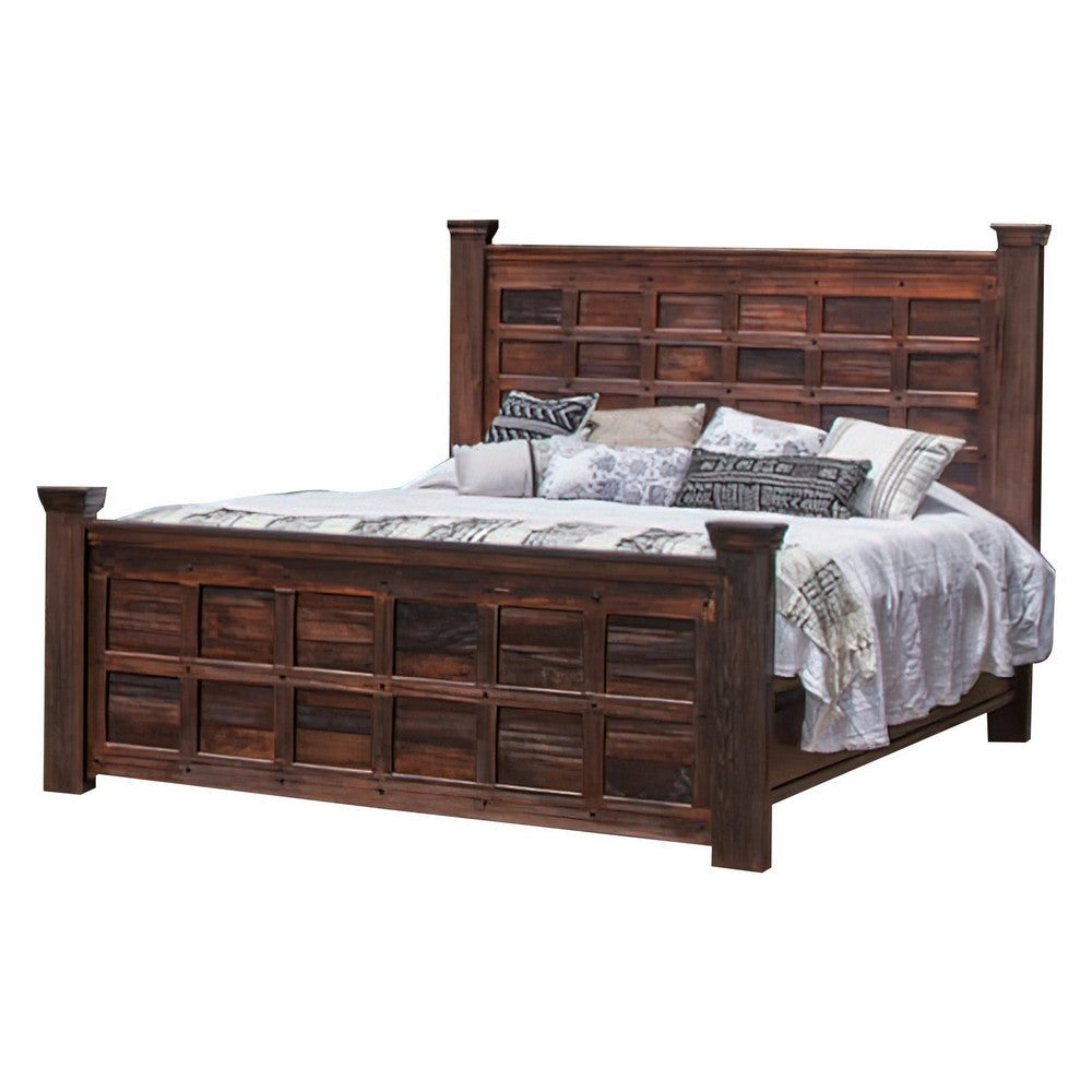 Exo Queen Size Bed Square Block Style Headboard and Footboard Brown Wood By Casagear Home BM307483