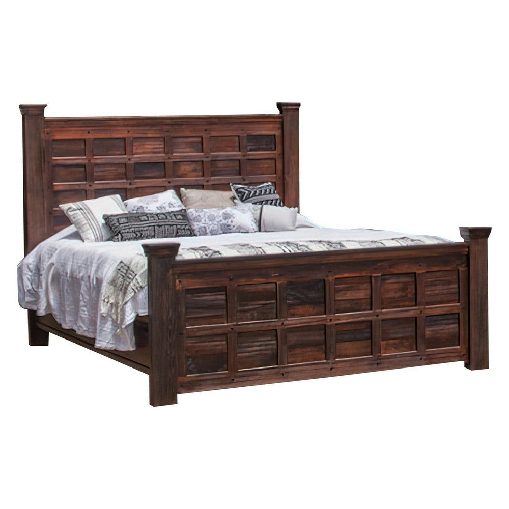 Exo Queen Size Bed, Square Block Style Headboard and Footboard, Brown Wood By Casagear Home