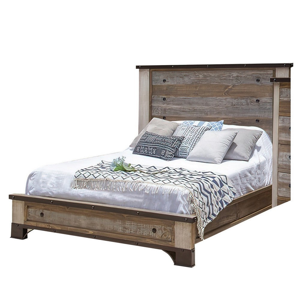 Fena King Size Bed Round Black Nailheads Distressed Wood Multicolor Brown By Casagear Home BM307498