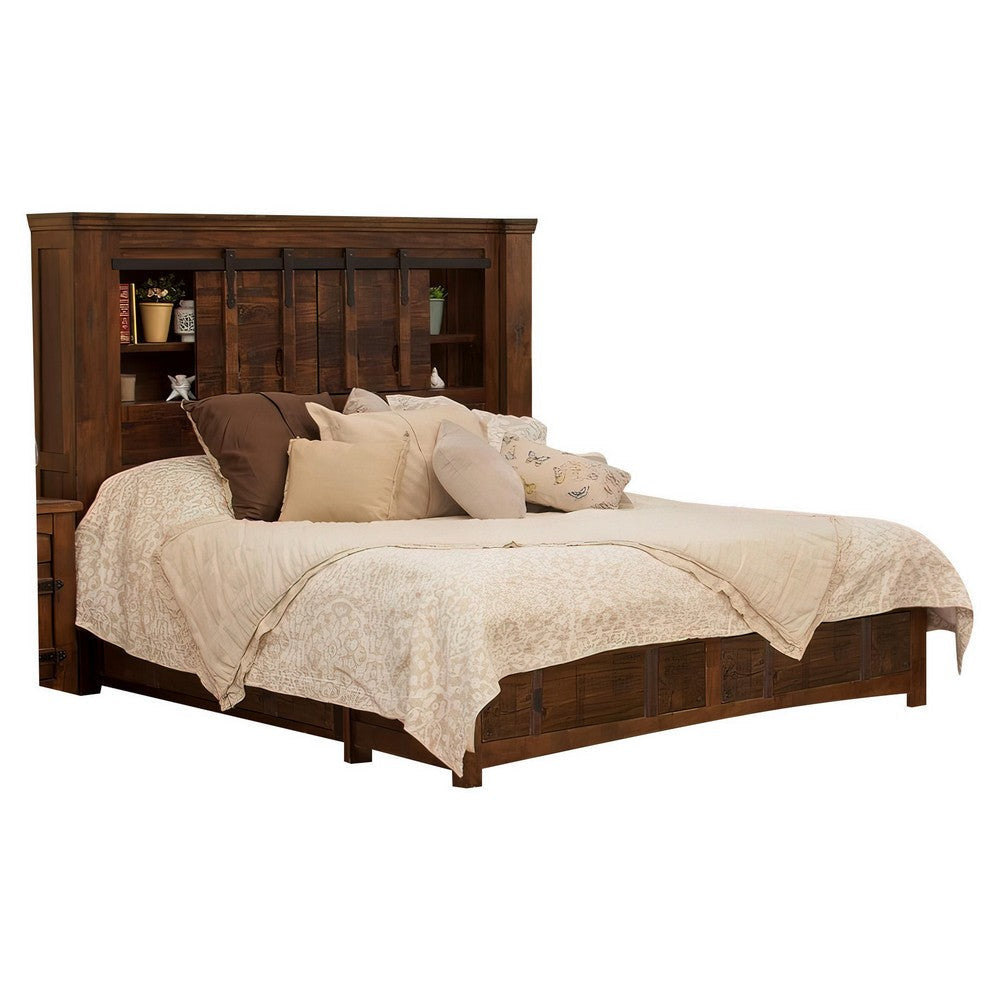 Maye King Size Bed, 2 Drawers, Fixed Shelves, Deep Rustic Brown Finish By Casagear Home