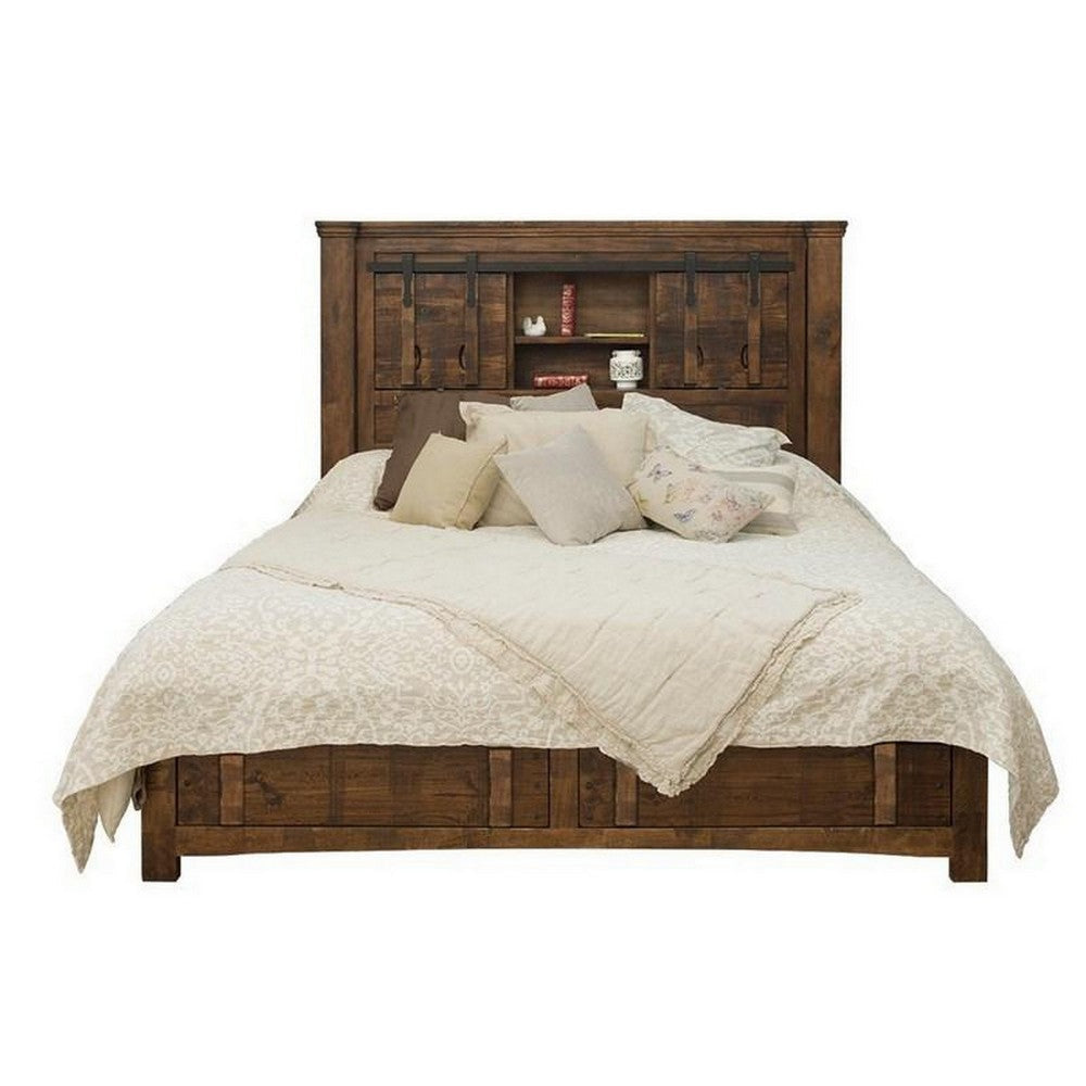 Maye King Size Bed 2 Drawers Fixed Shelves Deep Rustic Brown Finish By Casagear Home BM307503