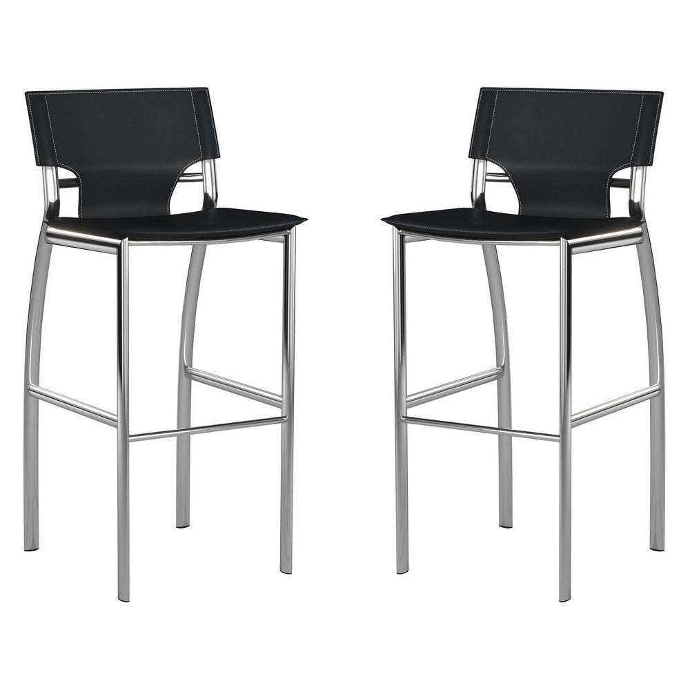 Suze 30 Inch Metal Bar Chair, Set of 2, Chrome Base, Black Vegan Leather By Casagear Home