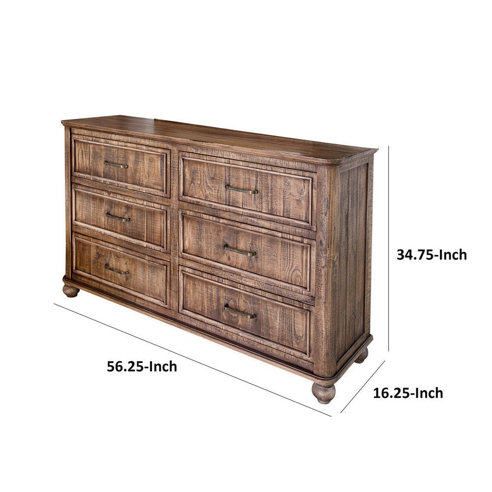 Liam 57 Inch Dresser 6 Drawers Rustic Brown Solid Pine Wood By Casagear Home BM307551