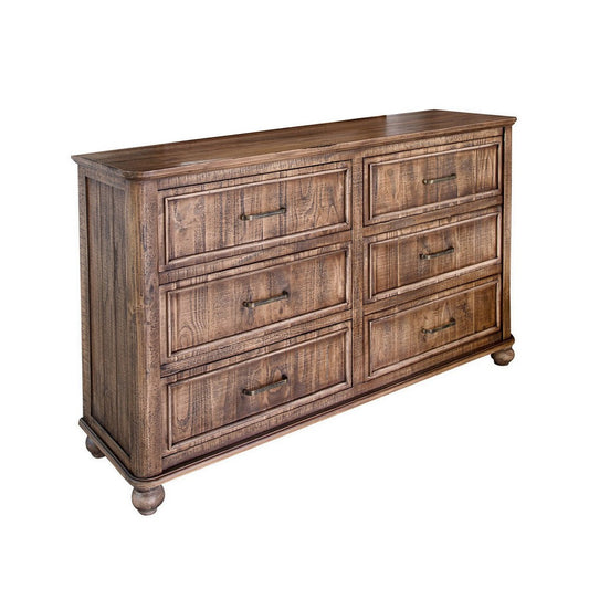 Liam 57 Inch Dresser, 6 Drawers, Rustic Brown Solid Pine Wood By Casagear Home