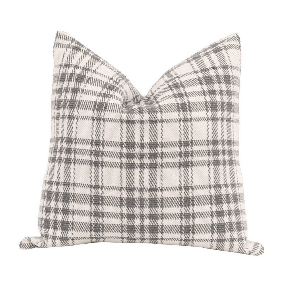 20 Inch Set of 2 Pillows Down Filling Plaid Patterning White and Gray By Casagear Home BM308541