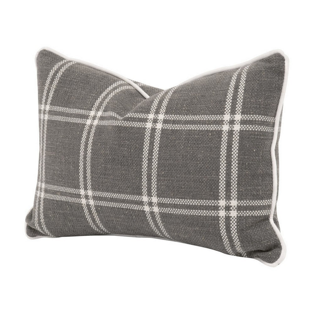 Veya 20 Inch Set of 2 Lumbar Pillows, Down Filling, White Plaid, Smoke Gray By Casagear Home