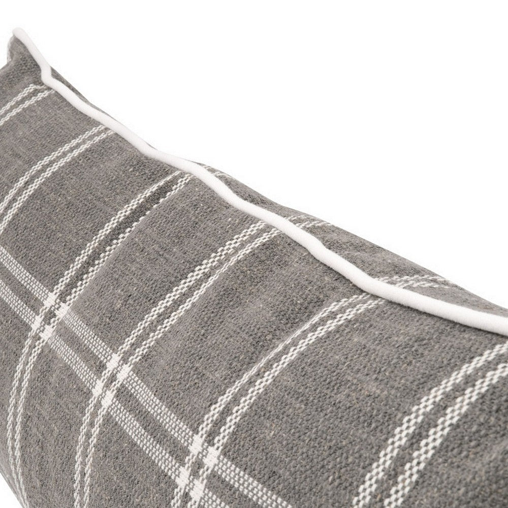 Veya 34 Inch Set of 2 Lumbar Pillows Down Filling White Plaid Smoke Gray By Casagear Home BM308545