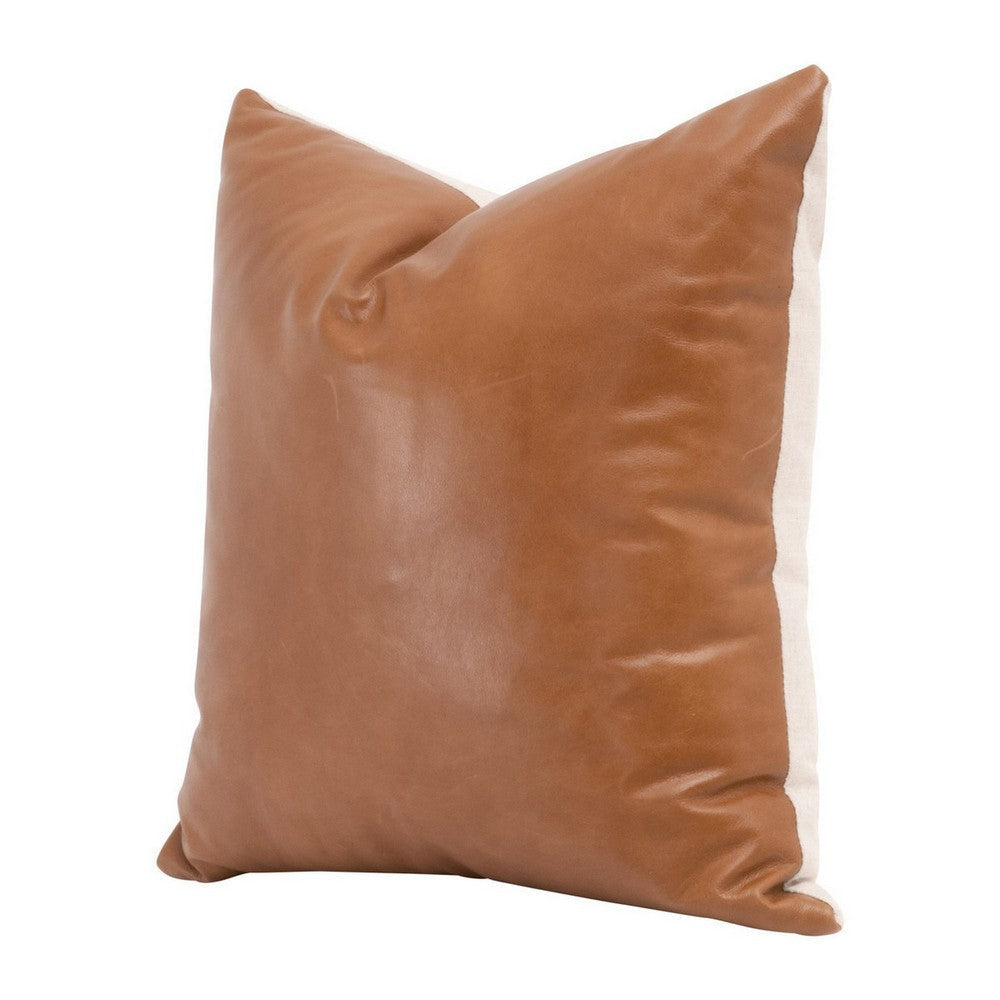 22 Inch Set of 2 Accent Throw Down Feather Pillows, Brown Leather, Linen By Casagear Home