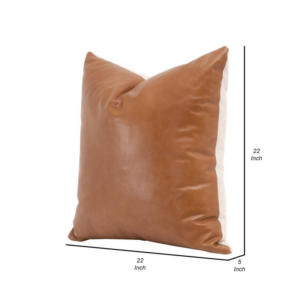 22 Inch Set of 2 Accent Throw Down Feather Pillows Brown Leather Linen By Casagear Home BM308546