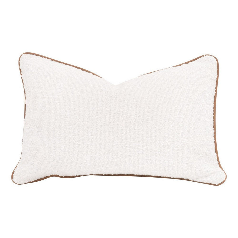 Bera 20 Inch Set of 2 Lumbar Pillows Brown Leather Piping White Boucle By Casagear Home BM308549