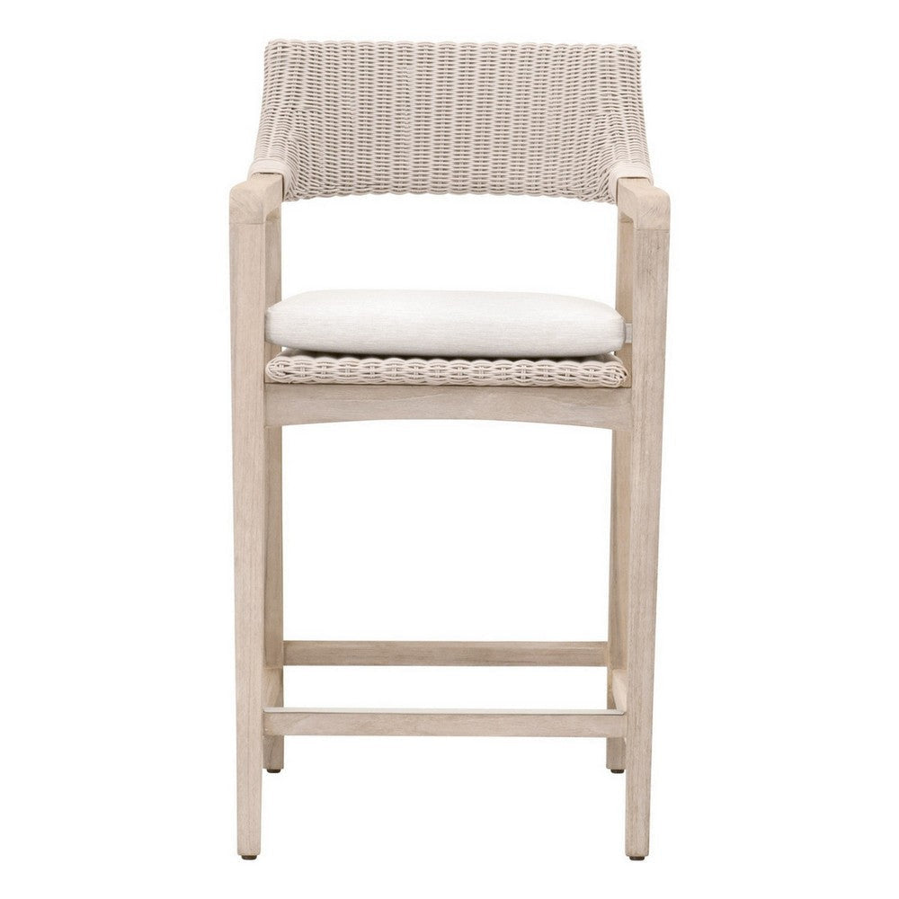 Uto 28 Inch Outdoor Counter Stool Chair Synthetic Wicker White Upholstery By Casagear Home BM308552