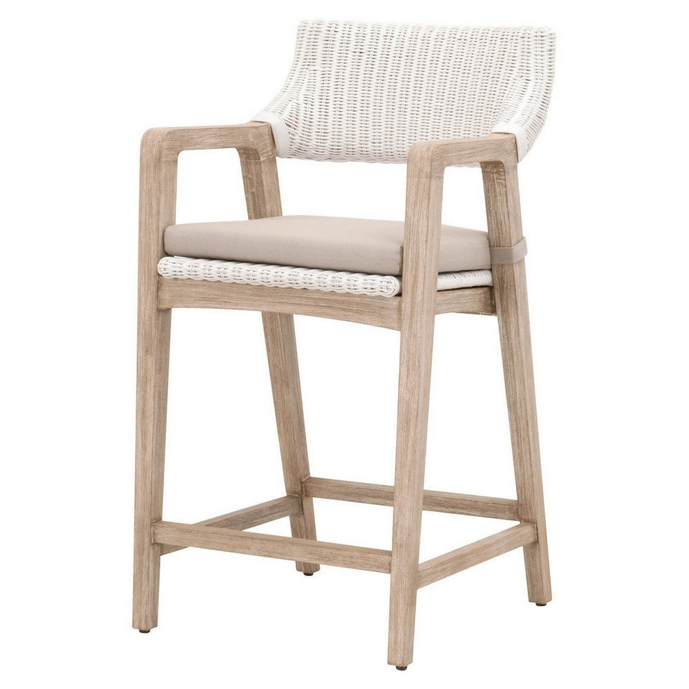 Uto 28 Inch Outdoor Counter Stool Chair, White Rattan Woven, Light Gray  By Casagear Home