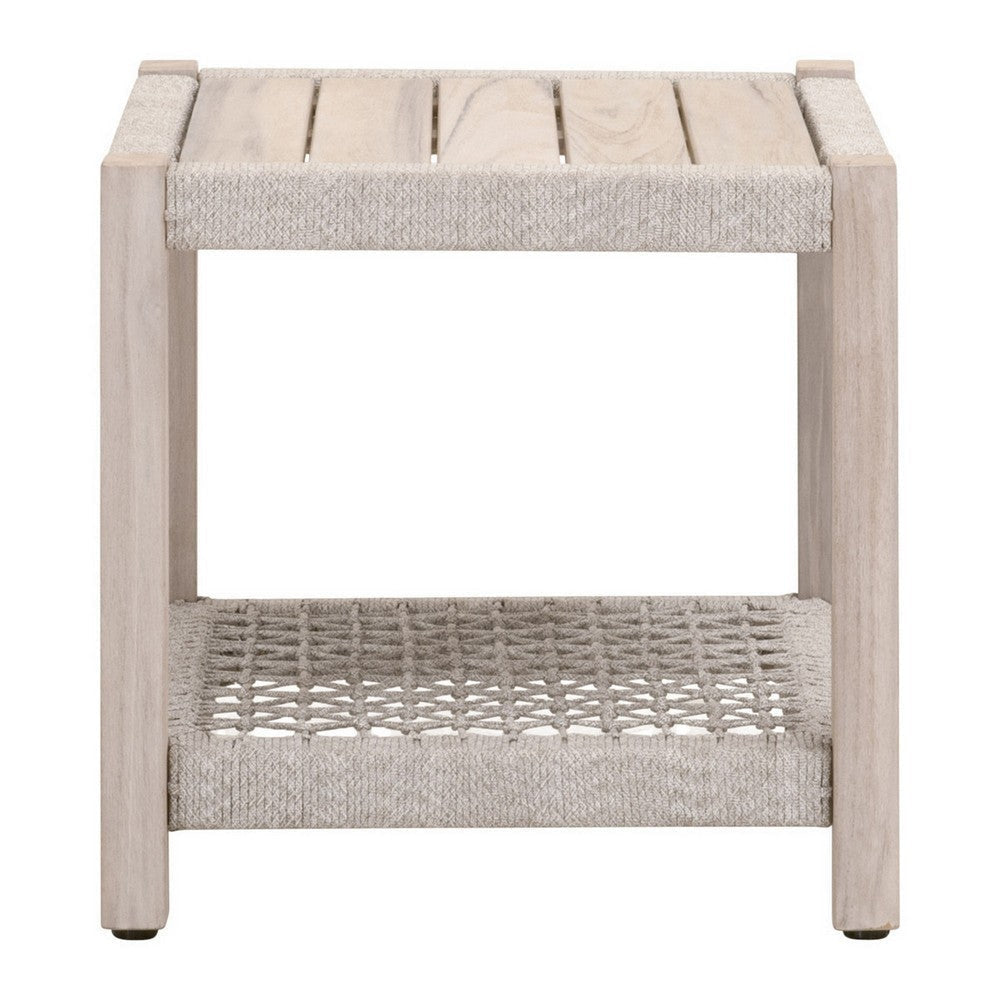 Xim 21 Inch Square Outdoor End Table White Rope Shelf and Edges Gray Wood By Casagear Home BM308557