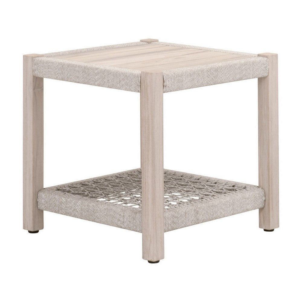 Xim 21 Inch Square Outdoor End Table, White Rope Shelf and Edges, Gray Wood By Casagear Home