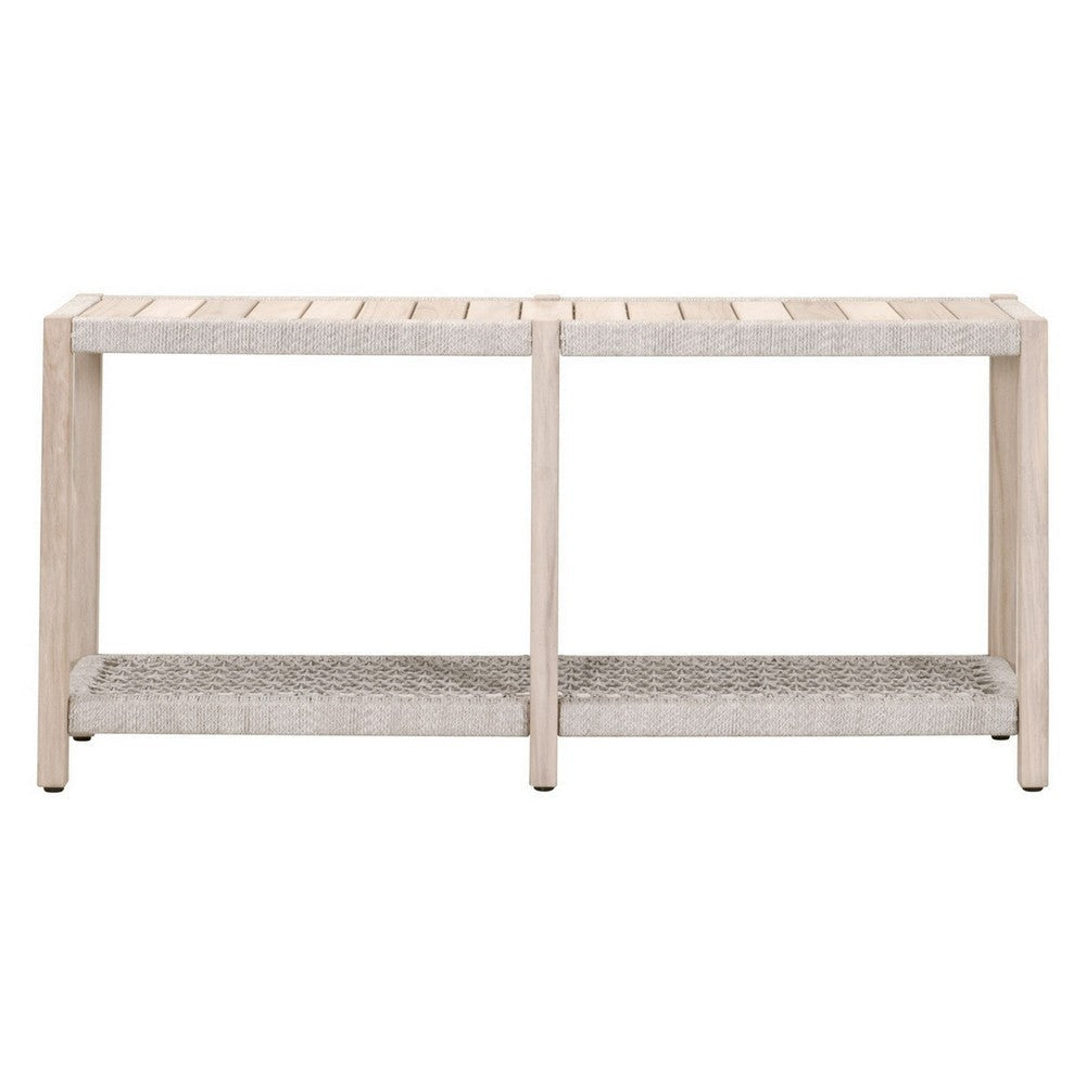 Xim 63 Inch Outdoor Console Table White Rope Shelf and Edges Gray Wood By Casagear Home BM308558