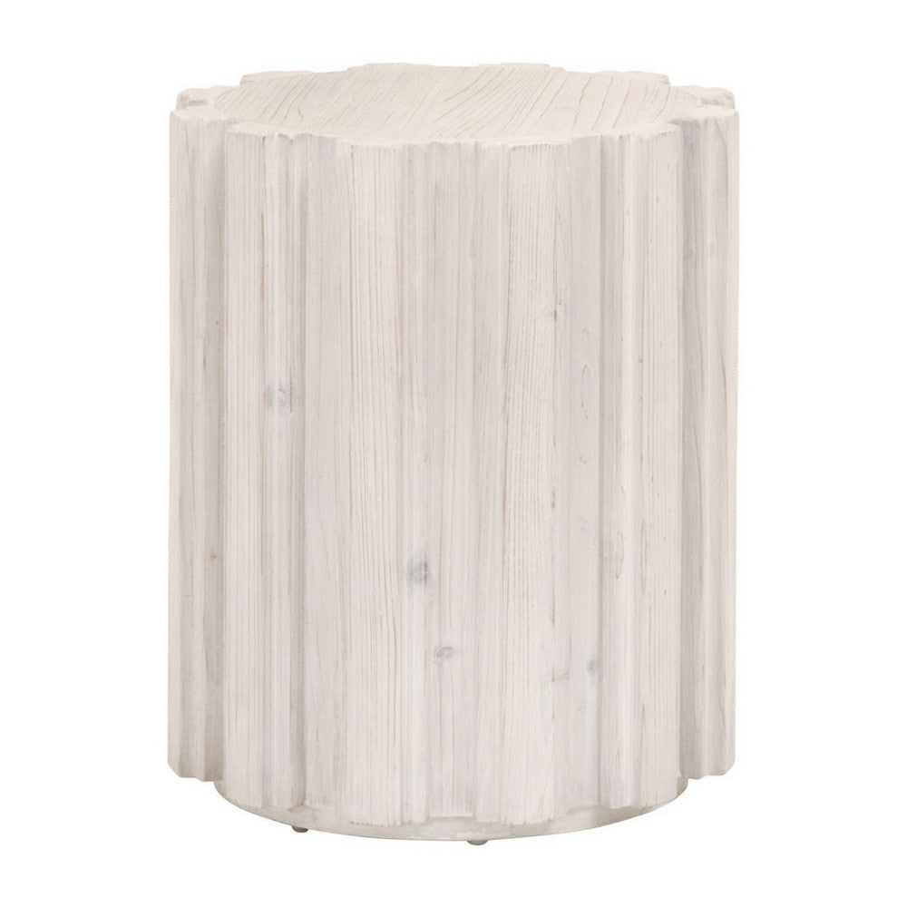 22 Inch Round End Table with Fluted Accents, Plinth Base, Whitewash Wood By Casagear Home