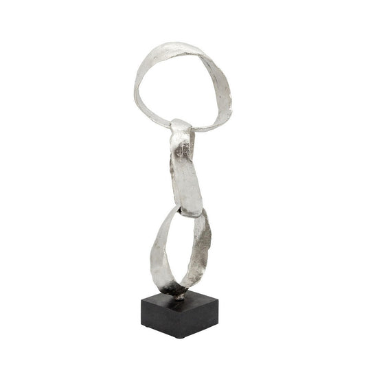 20 Inch Stacked Ring Sculpture, Square Black Base, Aluminum, Silver Finish By Casagear Home