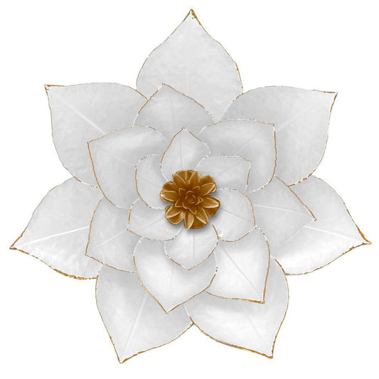 Sall 19 Inch Wall Decor, Blooming Lotus Design, White and Gold Metal Finish By Casagear Home