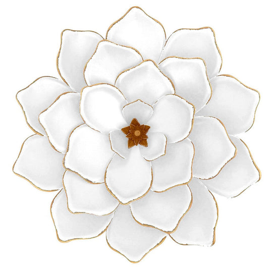 Sall 20 Inch Wall Decor, Multi Layer Flower, White and Gold Metal Finish By Casagear Home