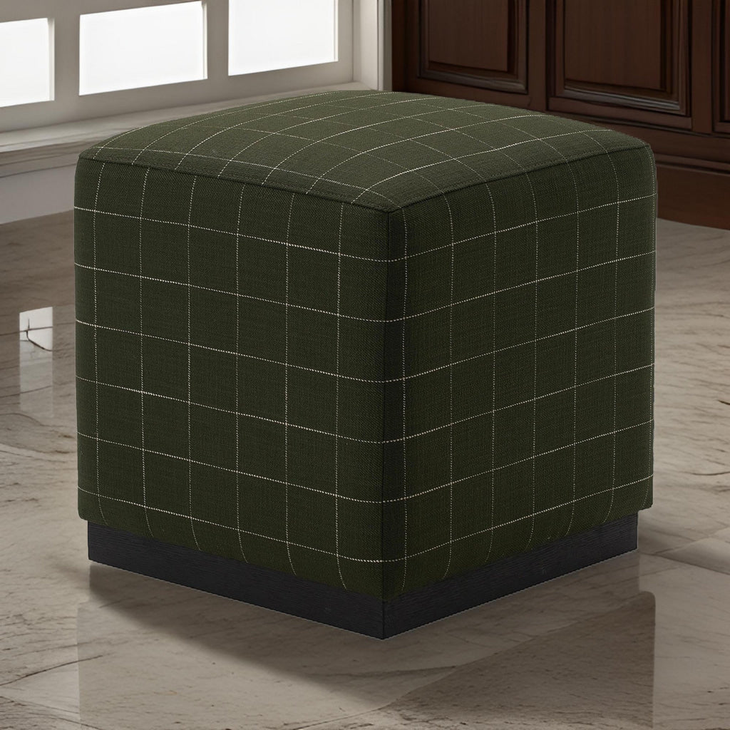 21 Inch Ottoman, Square Cushioned, White Checker Design, Olive Upholstery By Casagear Home