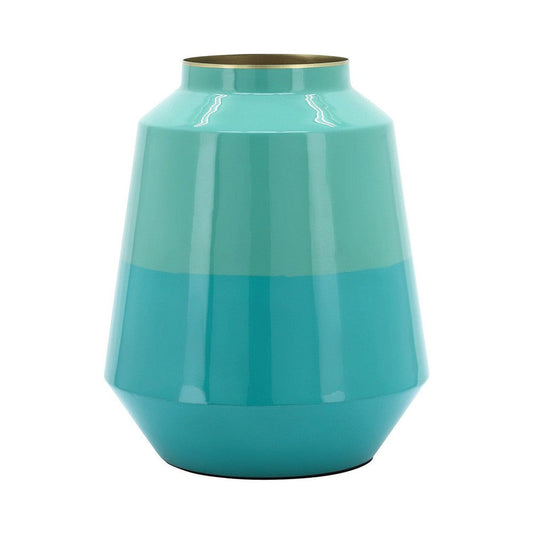 Yuri 12 Inch Vase, Flared Shape, Gold Accent Top Rim, Green Iron Finish By Casagear Home