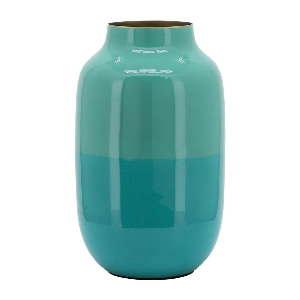 Yuri 12 Inch Vase, Urn Shaped, Gold Accent Top Rim, Green Iron Finish  By Casagear Home