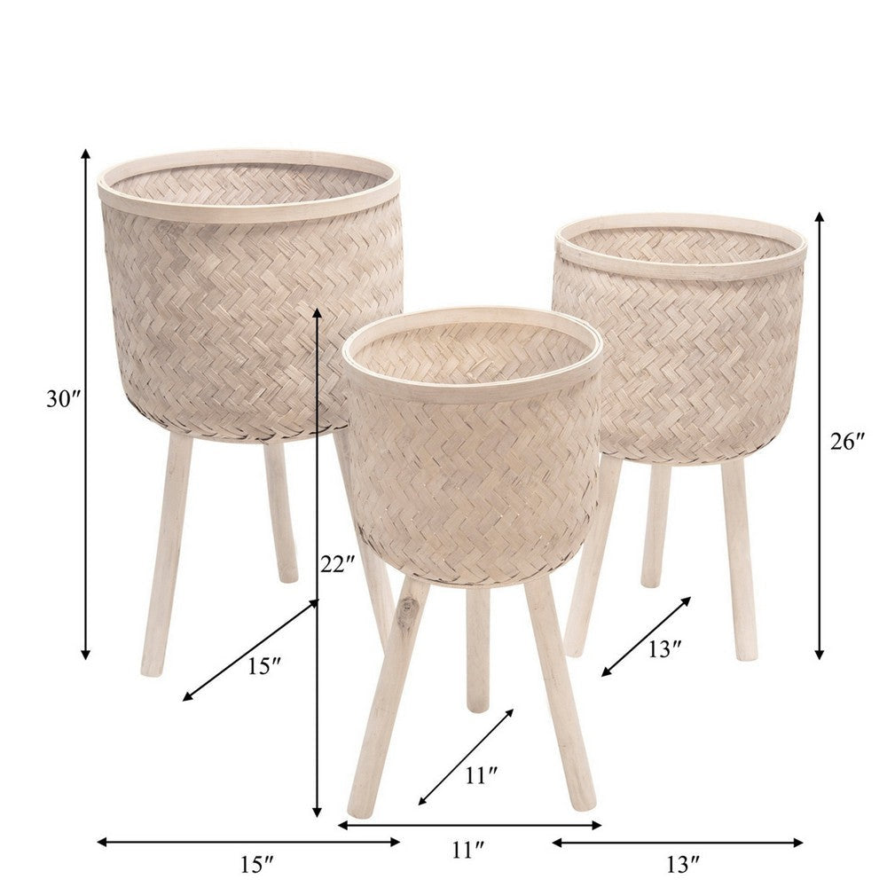 Planters Stands Set of 3 Tripod Wood Legs Natural Bamboo Braid White By Casagear Home BM308581