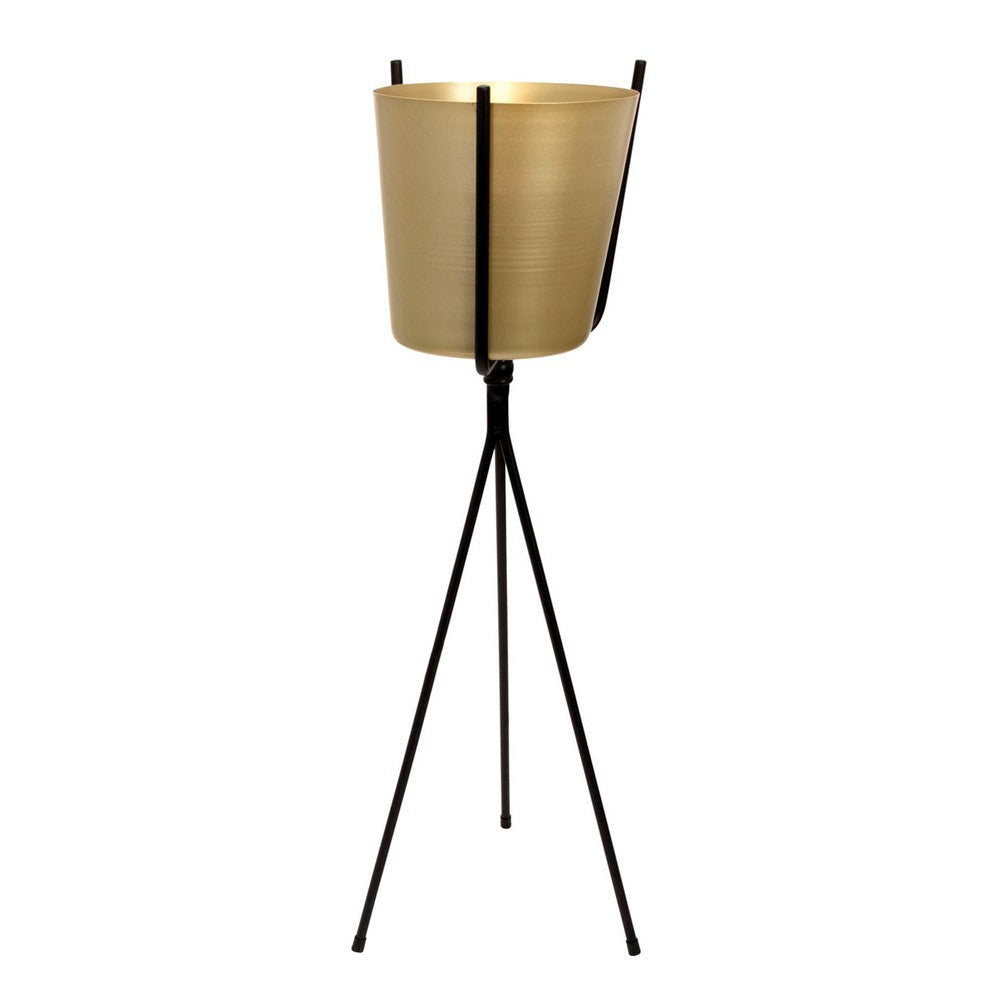 32 Inch Planter Sleek Tripod Legs Modern Style Gold and Black Iron By Casagear Home BM308582