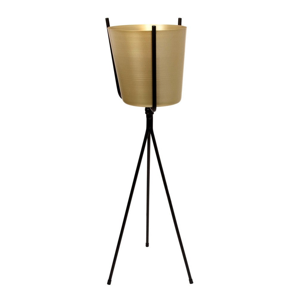 32 Inch Planter, Sleek Tripod Legs, Modern Style, Gold and Black Iron  By Casagear Home